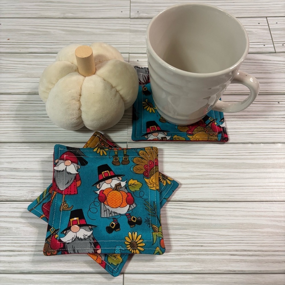 Handmade Fall Gnome Absorbent Fabric Coasters Set of 4